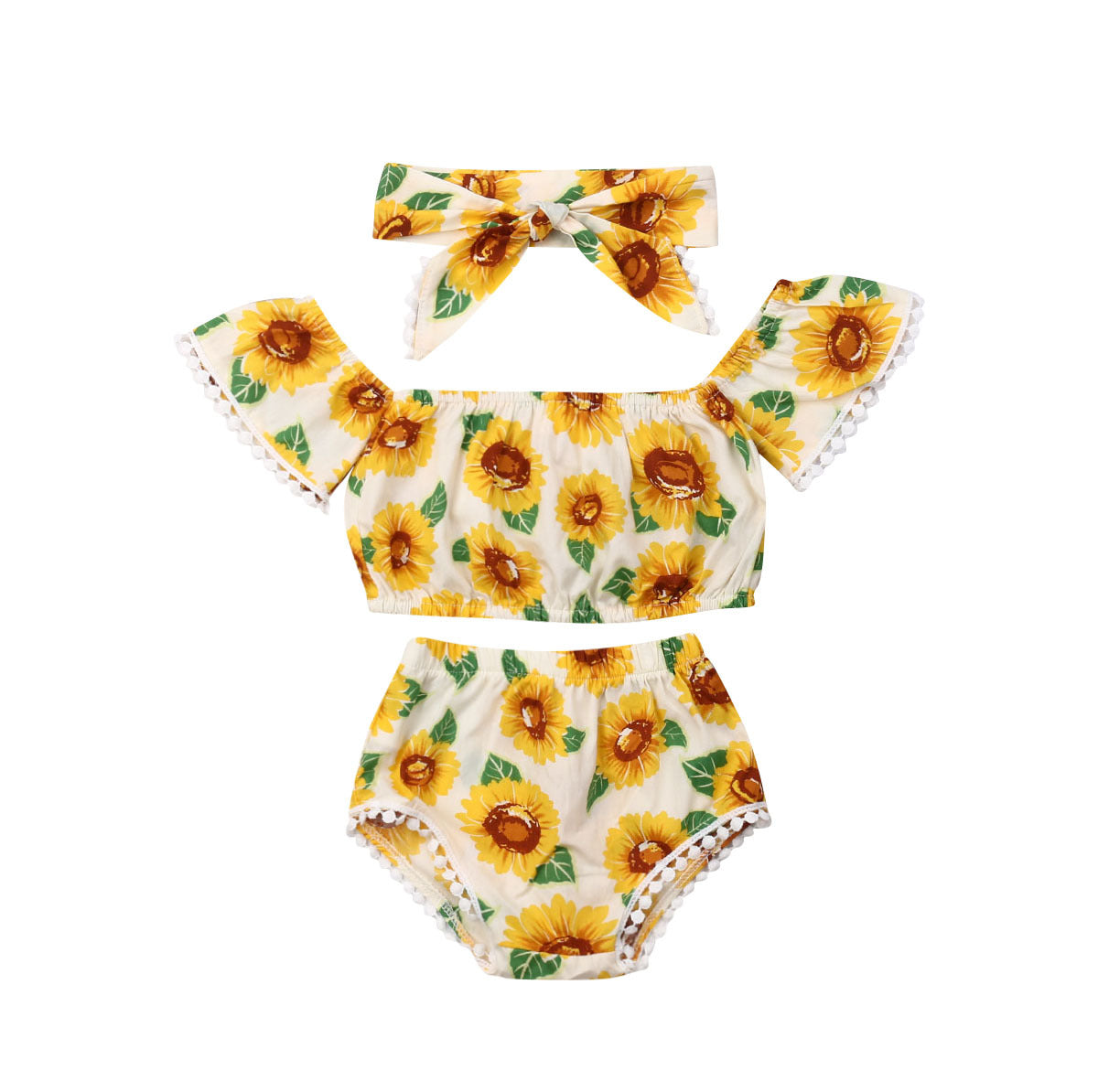 Ensemble deux pièces imprimé tournesol avec bandeau assorti pour fille.