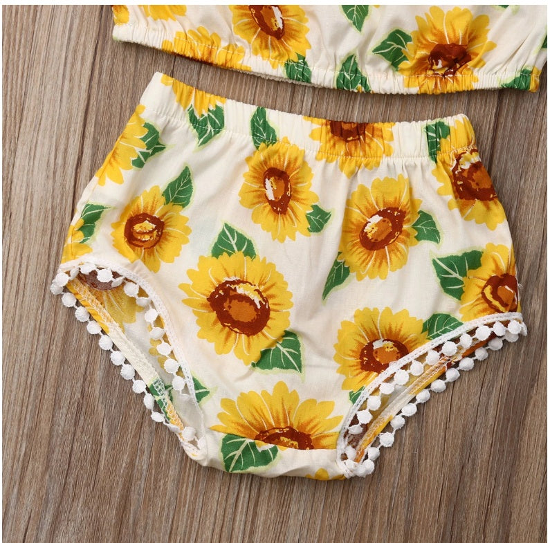 Ensemble deux pièces imprimé tournesol avec bandeau assorti pour fille.