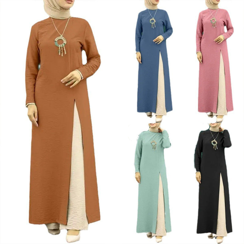 Robe à manches longues et ourlet fendu pour femmes musulmanes