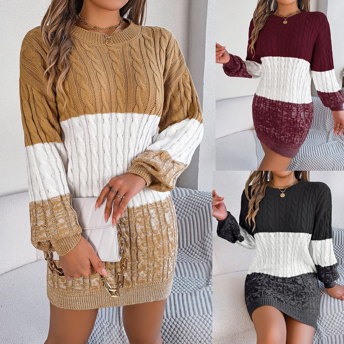 Casual multicolor wool sweater skirt with twisted lantern sleeves