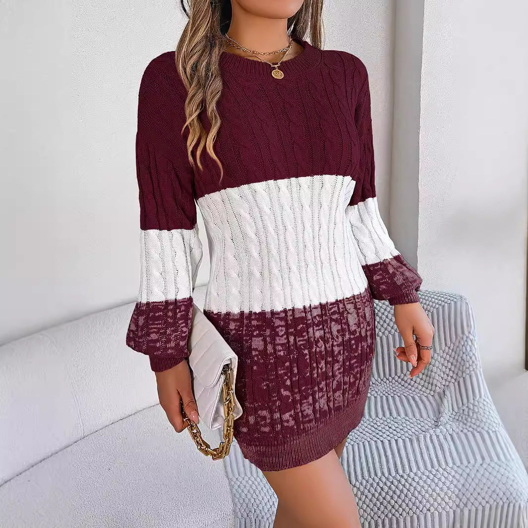 Casual multicolor wool sweater skirt with twisted lantern sleeves